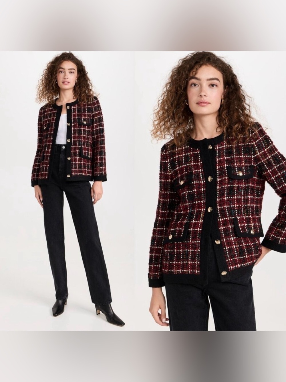 Annie Bing Women's Burgundy Plaid Tweed Jacket Black Trim and Gold Buttons NWT